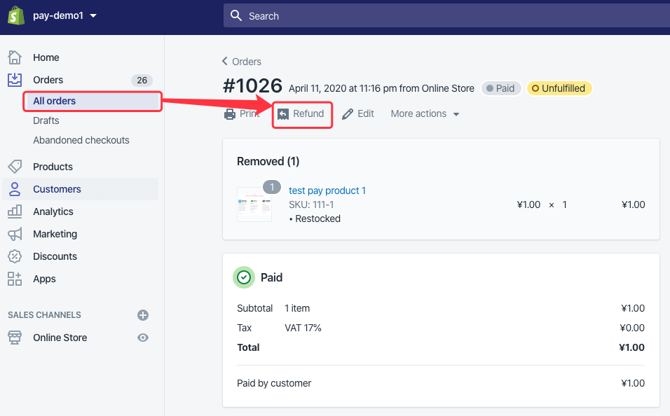 Click on refund from shopify